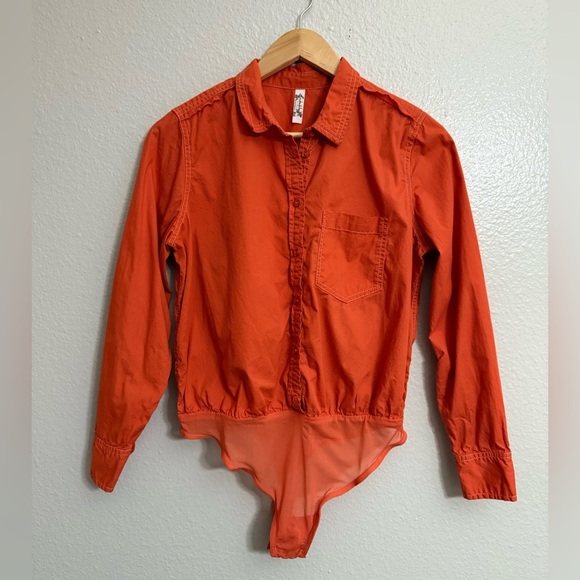 Free People Power Move Long Sleeve Button-Up Bodysuit in Tiger Red - Picture 2 of 9